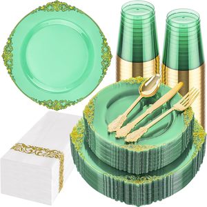 175 Pcs Clear Green Elegant Disposable Dinnerware Set Includes 10.25" Dinner &amp; 7.5" Dessert Plates, Cutlery, Napkins, Cups - Product Image 1