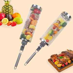 Cesta de asar rodante de acero inoxidable <span class=keywords><strong>con</strong></span> asa, rejilla cilíndrica de malla de alambre para vegetales y carne, para camping y barbacoa al aire libre - Product Image 3