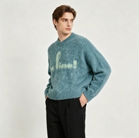 Pull en maille à lettres graphiques pour homme |   Pull oversize doux effet mohair en bleu sarcelle - Haut tricoté chaud et tendance pour l'hiver