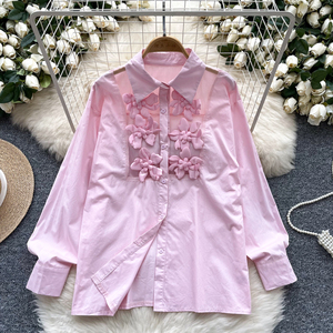 Chemise française pour femmes, fleurs industrielles lourdes, avec col, haut à simple boutonnage, chemisiers élégants pour femmes - Product Image 2