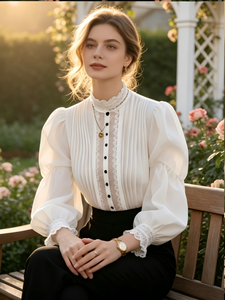 Blusa Blanca Estilo Victoriano con Ribete de Encaje Negro - Elegante Blusa con Cuello Alto y Mangas Abullonadas - Product Image 5