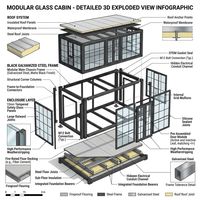 Maison Modulaire Moderne en Verre Trempé Double pour Showroom Boutique, Conteneur Préfabriqué Portable, Cabine Bar Pop-up pour Exposition