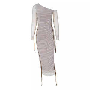 Vestido midi de manga larga con hombros asimétricos y malla de <span class=keywords><strong>patchwork</strong></span> <span class=keywords><strong>para</strong></span> mujer, vestido plisado de moda <span class=keywords><strong>para</strong></span> servicios de agente de compras femeninos - Product Image 4