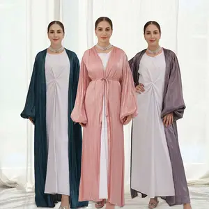 2024 Hot Selling Wholesale EID Abaya Shinny Soft Puff Sleeves Open Abaya Dubai Turkey Kimono Islamic Clothing Women Muslim Dress