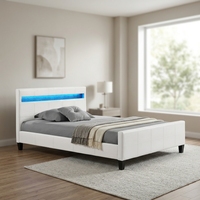 Luxuriöses Doppelbett mit Polsterung, Minimalistisches Schlafzimmerbett, Maßgefertigtes PU-Lederbett mit LED-Beleuchtung und Matratzenaufbewahrung