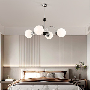 Classique français rétro crème vent salon argent suspension multi-tête blanc laiteux boule de verre chambre hôtel E27 lustre - Product Image 5