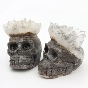 High Quality Natural clear crystal geode skulls white crystal cluster clear quartz carved skulls