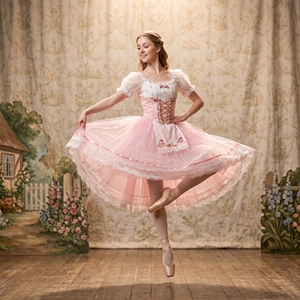 Vestido de Ballet Romántico Rosa Estilo Campesino, Disfraz de Giselle La Fille Mal Gardée, Tutú con Corsé Floral y Mangas Abullonadas para Coppelia Swanhilda - Product Image 1