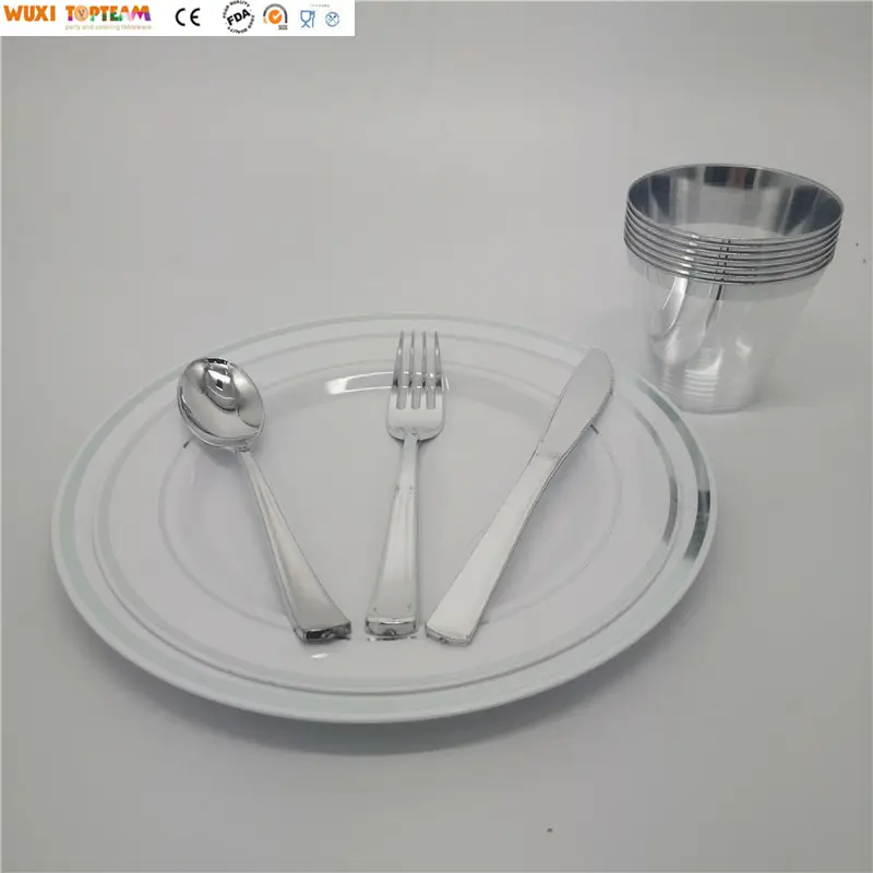72 pcs/150 조각 플라스틱 파티 레스토랑 식기 접시 골드 식탁 세트 웨딩 플레이트 세트