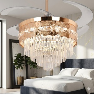 Elegant Gold Crystal LED <b>Ceiling</b> <b>Fan</b> <b>with</b> Retractable Blades <b>Remote</b> <b>Control</b> Silent Chandelier Light for Home Decor - Product Image 2