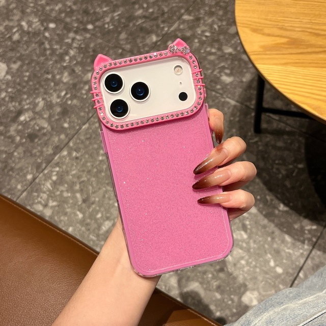 Glitter Rhinestone 3-in-1 Cat Ear Phone Case Solid Color Shockproof Anti-scratch Protective Shell Fit 13-17 iPhone Series