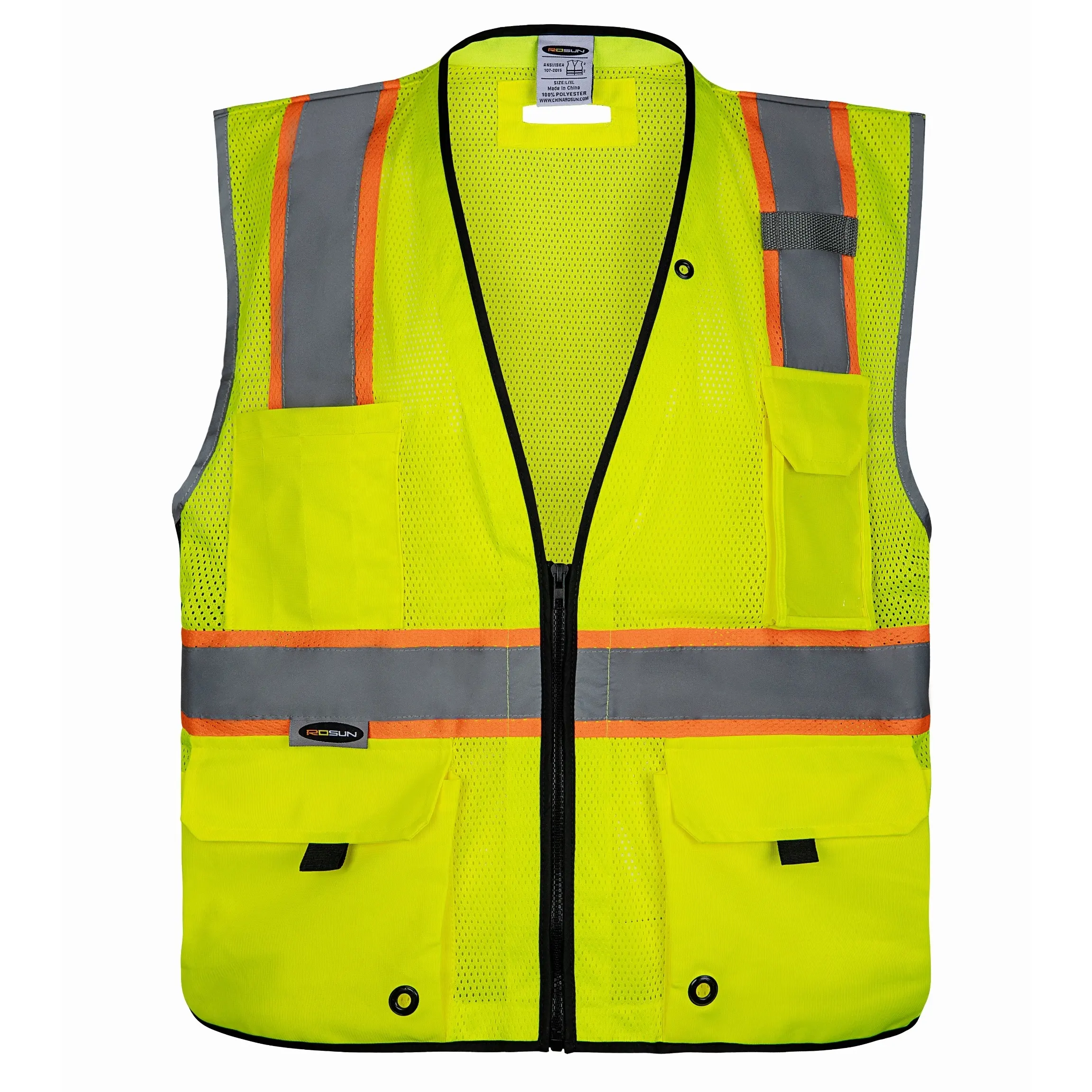 ANSI/ISEA Two-Tone Reflective Hi viz Zipper Multi-Pocket Chaleco reflectante mesh Safety Vest