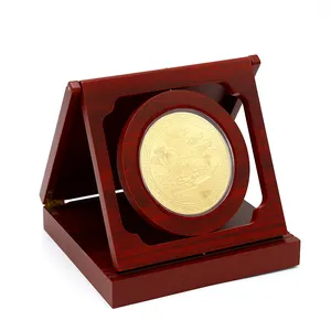 사용자 정의 로고 맞춤 사우디 아라비아 동전 포장 실버 골드 도금 금속 디스플레이 동전 상자 홀더 나무