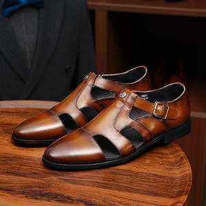 T-Strap Genuine Leather <b>Closed</b> Toe <b>Sandals</b> Breathable Buckle Strap Classic Men's Formal Summer Shoes - Product Image 4
