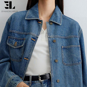 Jaket Denim Overshirt Jeans Shirt Jacket LARSUR Custom Factory Ramah Lingkungan Bahan Lyocell Lembut dengan Efek Distress Wash untuk Wanita - Product Image 4