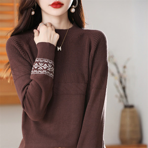 Women's Navy <b>Blue</b> Long Sleeve Knit Sweater With Snowflake Pattern Medium Thickness <b>Base</b> <b>Layer</b> For Autumn Spring Wear - Product Image 4