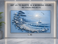 Blaues Küstenhaus Segelboot Welle 3D Geschnitzte Textur Wandkunst Silberrahmen Strandresort Hotel Lobby Akzentwand Kundenspezifische Großbestellung OEM