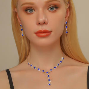 Parure de bijoux de mariée simple en strass, collier et boucles d'oreilles en cuivre, accessoires transfrontaliers plaqués zinc bleu, vente chaude en gros - Product Image 1