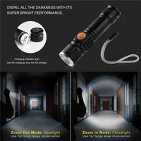 Lampe torche LED compacte en aluminium avec zoom et mise au point, interrupteur latéral et trou pour cordon, idéale pour le camping, la randonnée et les situations d'urgence