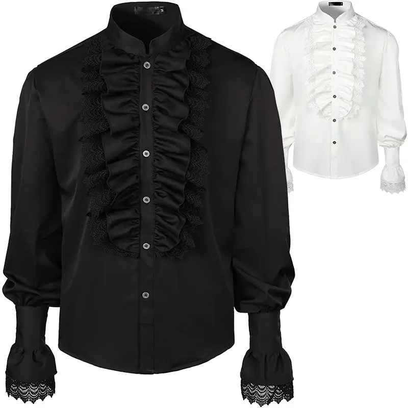 Victoria Shirt Long Sleeves Jabot Lace Tie Men Gothic Punk Ruffle Frill Tops Wedding Halloween Costume Men Vintage Shirt