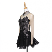 Robe de patinage et de danse noire pour enfants et adultes, col montant, manches longues en maille, dos découpé avec strass, pour compétition et spectacle de patinage sur glace