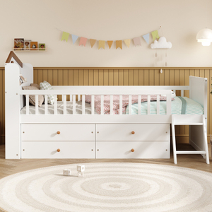 Modern Twin <b>Bed</b> <b>Frame</b> Storage 4 Drawers Solid <b>Pine</b> Wood Kids Platform Twin <b>Bed</b> Guardrail Headboard Ladder Bedroom Eco-Friendly - Product Image 5