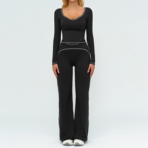 Combinaison <span class=keywords><strong>de</strong></span> yoga pour femmes, vêtements <span class=keywords><strong>de</strong></span> <span class=keywords><strong>sport</strong></span>, pantalon large à pattes d'éléphant, combinaison à manches longues, couleur contrastée, haut <span class=keywords><strong>de</strong></span> gamme, vêtements <span class=keywords><strong>de</strong></span> <span class=keywords><strong>sport</strong></span> et <span class=keywords><strong>de</strong></span> fitness - Product Image 1