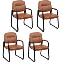 Chaise de bureau commerciale rectangulaire CLATINA en bambou pour salle d'attente, base patin, sans roulettes, avec accoudoirs et support lombaire en similicuir