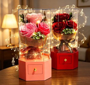 Caja de Regalo de Lujo <span class=keywords><strong>con</strong></span> Rosa Preservada, Estuche Acrílico <span class=keywords><strong>con</strong></span> Cajón para Guardar Joyas, Regalo de San Valentín, Cumpleaños, Aniversario, Caja Musical <span class=keywords><strong>con</strong></span> LED - Product Image 2