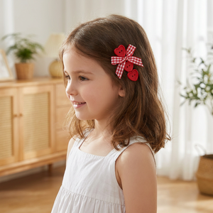 Niedliche Herz-Knopf-Haarspangen für Mädchen, Gingham-Band-Schleifen-Haarspange, handgemachte karierte Haaraccessoires für Kinder, Großhandel - Product Image 5