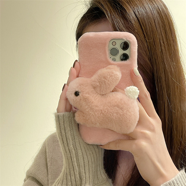 Tschick Fashionable 3D rabbit suitable for Apple 16 Promax phone case iPhone 15 furry 14 Promax soft case 13 women