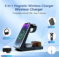 Chargeur sans fil magnétique 36W 5 en 1, chargeur de bureau, station de charge sans fil multifonctionnelle avec sortie TYPE-C et USB