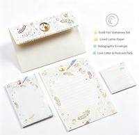 Ensemble de papier à lettres et d'enveloppes en feuille d'or, papeterie pour lettres d'amour avec boîte de rangement pour cartes postales, pour cadeaux et affaires
