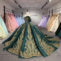 Robe de princesse Jancember 8570 en tulle vert foncé pailleté, corsage brodé or Bardot, jupe baroque dorée pour soirée sur le tapis rouge