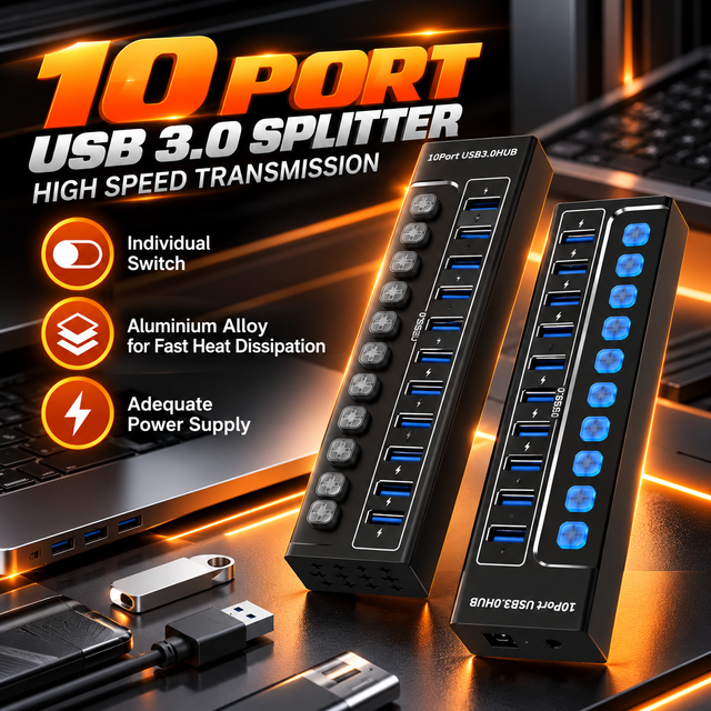 Xput 10 Port USB 3.0 Hub with Individual Switches Metal USB Multiport Hub Docking Station for Laptop PC External Hard Drives