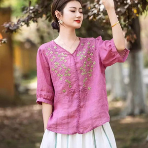 Women's V-neck Cotton Linen Blouse Pink Embroidered Mid-sleeve <b>Top</b> Vintage Style Everyday Wear - Product Image 2