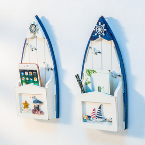 Boat-Shaped Wooden <b>Wall</b> <b>Storage</b> Box Blue Painted Punch Free Home Decor Entryway <b>Hanging</b> Organizer - Product Image 1