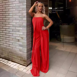 Mono de mujer con hombros descubiertos, cintura alta, pantalón largo de crepé, para fiesta, en negro, blanco y rojo - Product Image 2