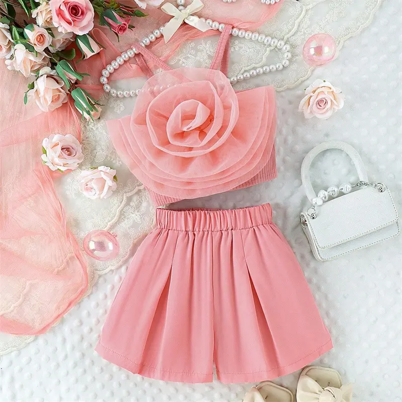 Wholesale Summer Kids Girls Sleeveless Clothes Set Children 3D Flower Halter Tops And Shorts Outfit Girls Clothing Wear