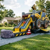 Structure gonflable commerciale de construction pour enfants : Maison de jeu, excavatrice, bulldozer et toboggan combinés pour les anniversaires de garçons et la location événementielle