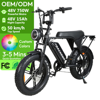 Vélo électrique tout-terrain V8 Retr 48V 750W sans balais, batterie lithium 15Ah, pneus larges en alliage d'aluminium, 50 km/h, double suspension, 7 vitesses, neige
