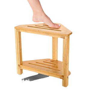 Bamboo Corner <b>Shower</b> Stool 14.5x12x13.25 Inch Two Tier <b>Storage</b> <b>Rack</b> Non Slip Feet Bathroom Shelf Natural Wood Color - Product Image 5