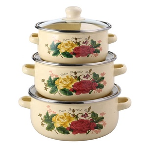Ensemble de 3 casseroles en fonte émaillée avec poignées composites, couvercles en verre trempé, design floral écologique, compatible gaz et <span class=keywords><strong>induction</strong></span> - Product Image 4