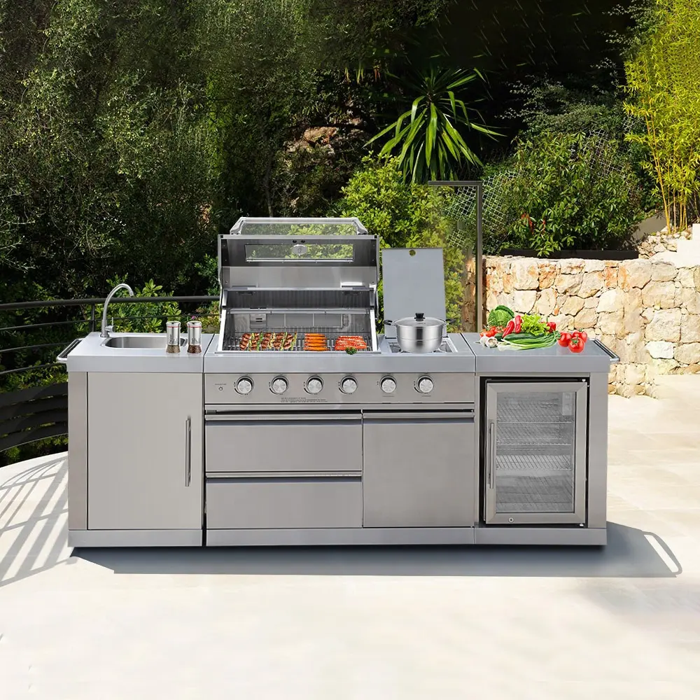 JN611 Outdoor Kitchen island All Stainless steel Outdoor kitchen BBQ Waterproof with Outdoor fridge 4 burners BBQ