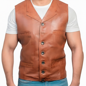 Chaleco de Cuero Genuino Marrón para Hombre |   Chaleco Clásico para Motociclistas |   Chaleco Ajustado - Product Image 1