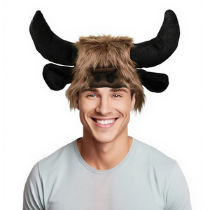 Sombreros de animales de felpa divertidos para adultos personalizados, peludo trampero, Bisonte, búfalos, Búfalo peludo, cuernos de toro negro para eventos deportivos, obsequio - Product Image 1