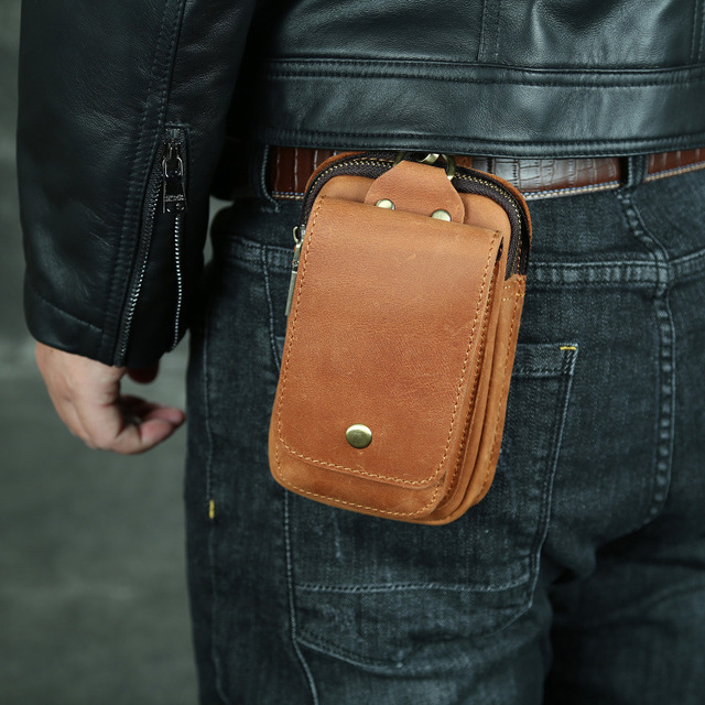 Vintage Genuine Leather Phone Holster for Men Belt Loop Multitool Sheath Waist Bag Box Water Proof Factory Price Unisex Zipper
