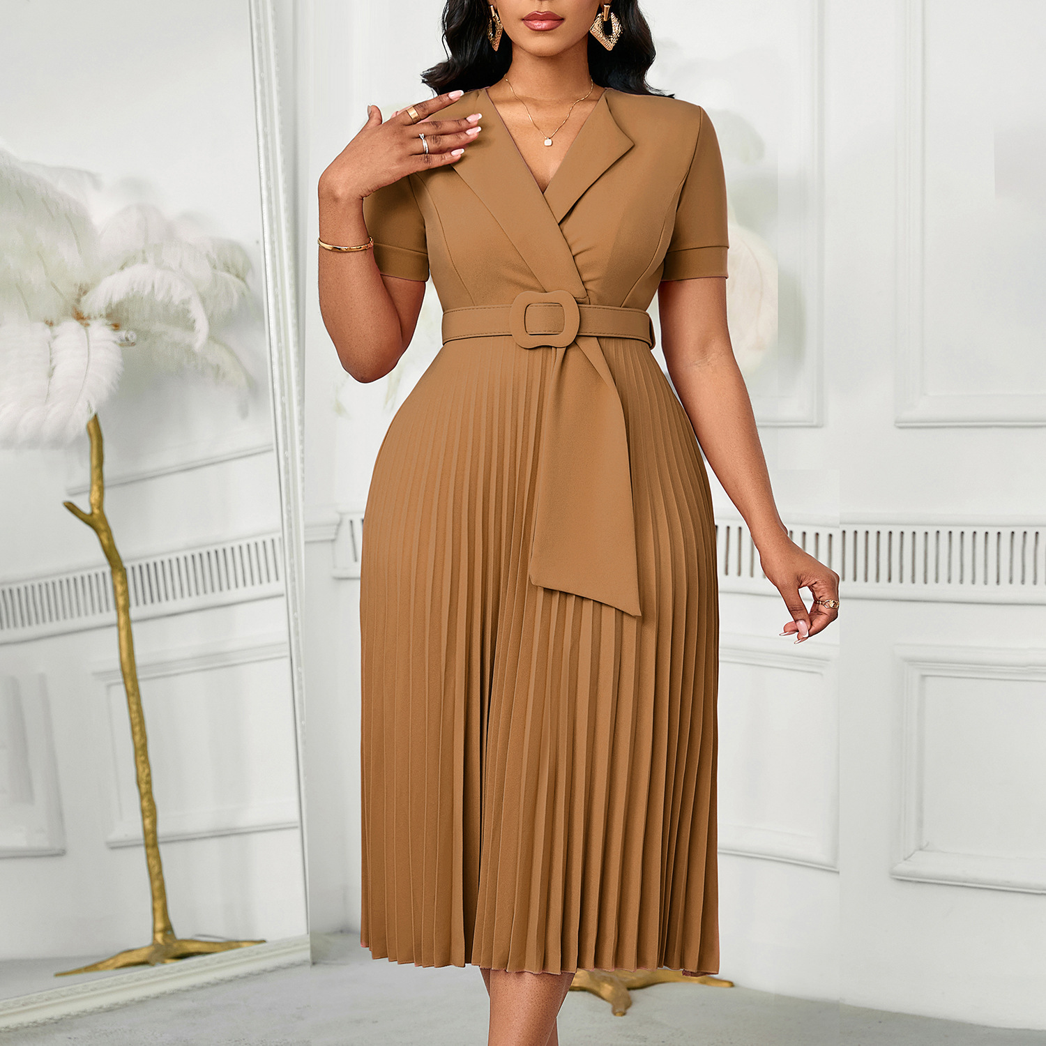 Office Wear Nigerian Casual Wears For Ladies TKS 2026 V Neck Pleated Patchwork Midi Dress Office Ladies Short Sleeve Casual Career Dress Fall Fashion Nigerian Women Dress