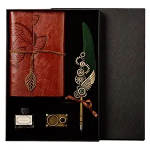 Retro Style Feather Dip Pen Calligraphy Pen with leaf notebook stationery set