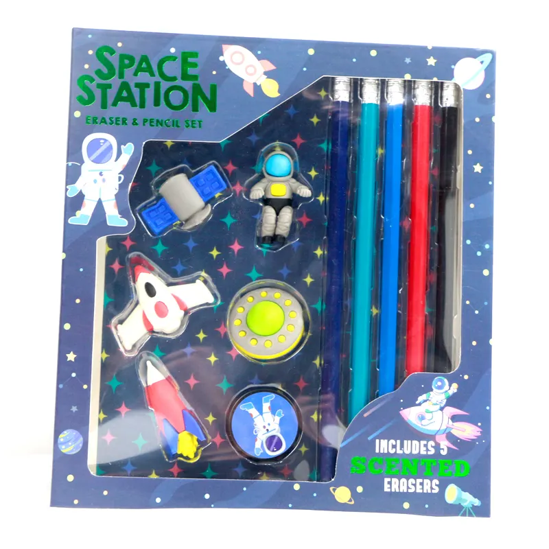 Soododo conjunto escolar borracha e lápis, novidade dos desenhos animados papelaria estilo escola conjunto de estação espacial para meninos